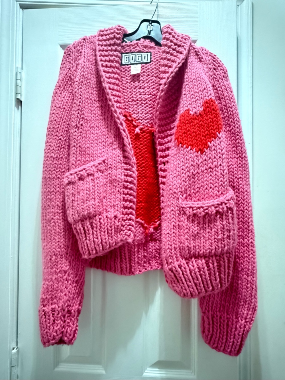GOGO Sweaters Pink Chunky Knit Cardigan with Red Heart Detail Cotton